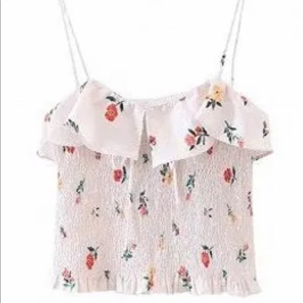 Zara —> shirred floral top with spaghetti straps